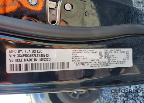 2020 Dodge Journey Se z USA, uszkodzony, nr VIN 3C4PDCAB2LT280743